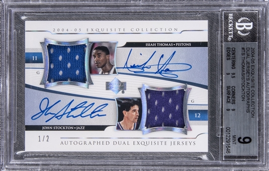 2004-05 UD "Exquisite Collection" Dual Jerseys Autographs #TS Isiah Thomas/John Stockton Dual Signed Game Used Patch Card (#1/2) – BGS MINT 9/BGS 10